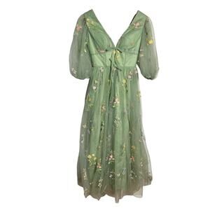 Women's Puff Sleeve Fairy Garden Dress Flower Embroidery Tulle Renaissance Fair